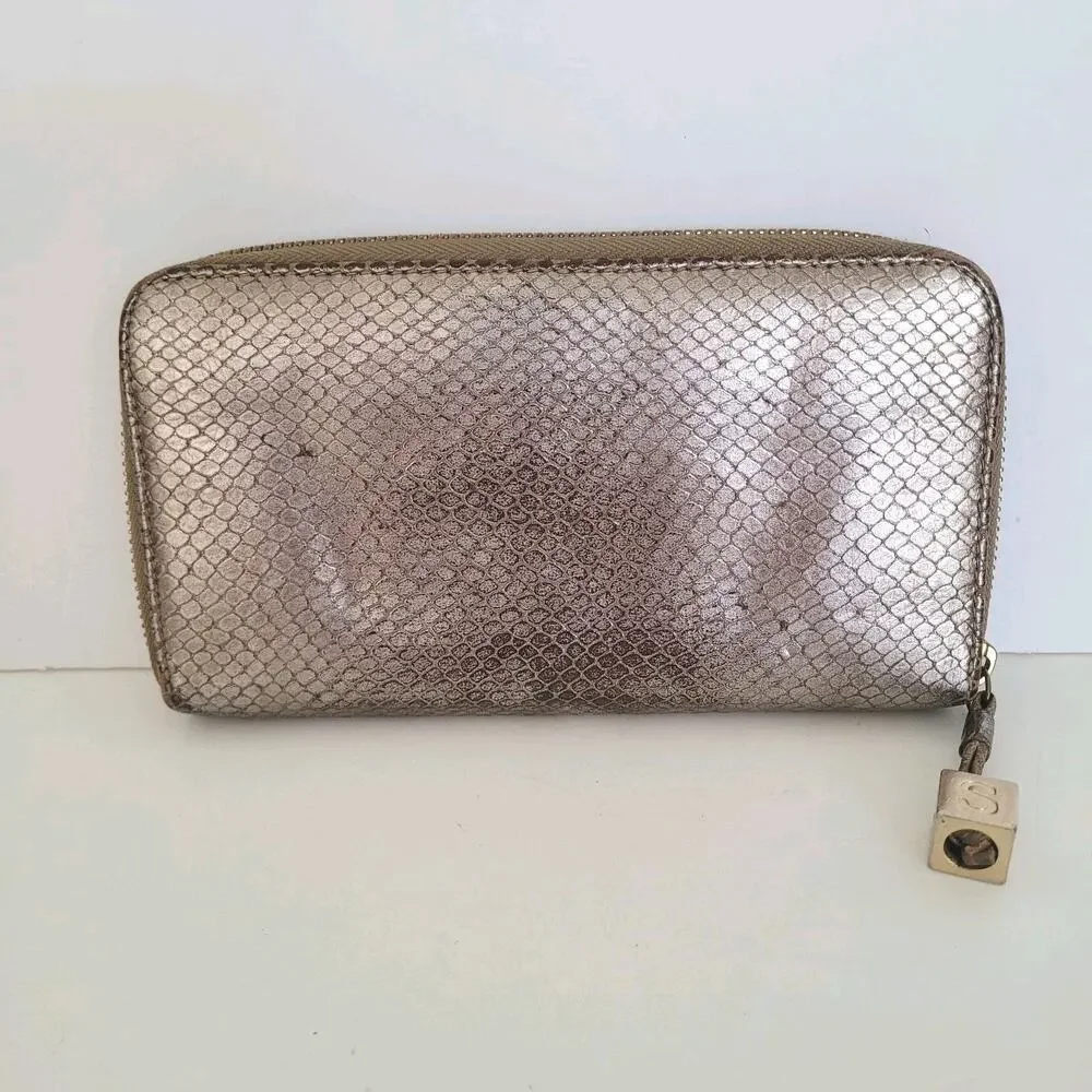 See By Chloe Leather Long Wallet Metalic Silver Zip Around‎ Designer Clutch